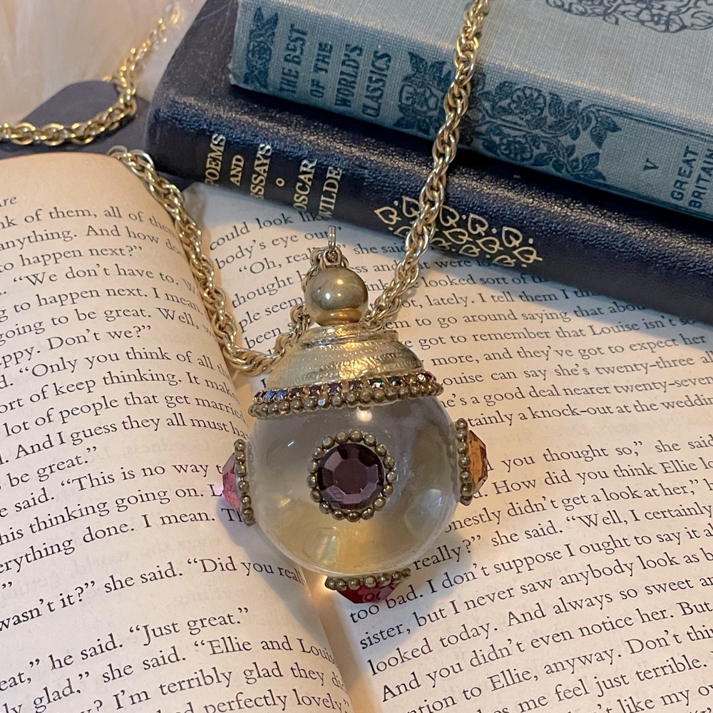 VINTAGE mystic glass ball brass necklace with rhinestones and long gold chain.
